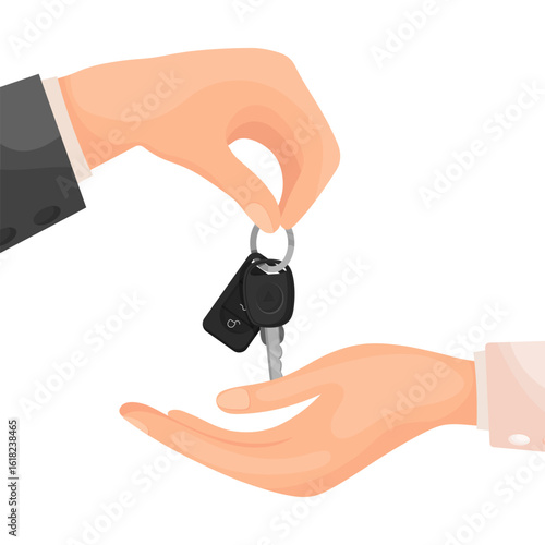 Vector cartoon image of buying and acquiring a car. Concept of transferring transport. Profitable deal. Transferring car keys. Element for your design.