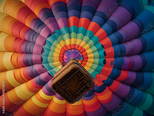 Colorful Hot Air Balloon Canopy with Wicker Basket Detail.
