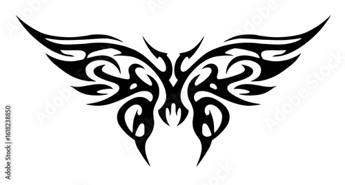 Symmetrical tribal tattoo design with a mirrored butterfly motif, intricate wings featuring swirling patterns,