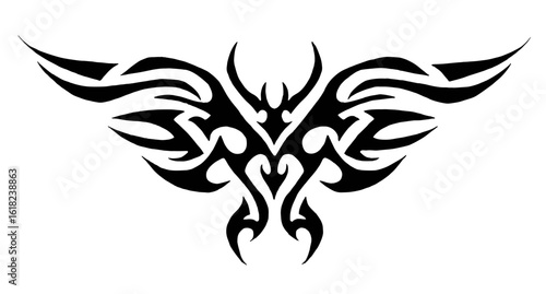 A symmetrical black tribal tattoo design resembling wings spread out horizontally with an abstract central motif featuri