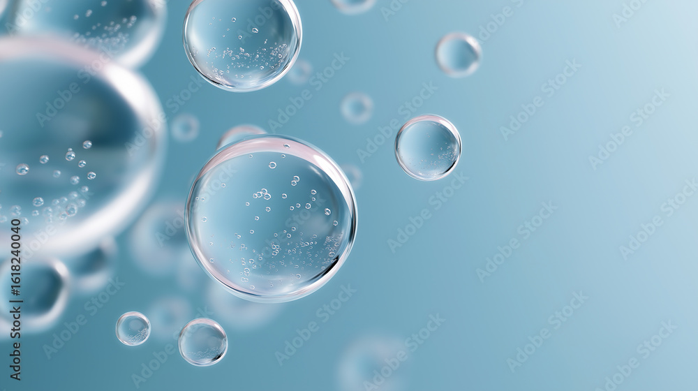 Close-up of transparent air bubbles floating in a light blue fluid background.
Close-up of transparent air bubbles floating in a light blue fluid background.