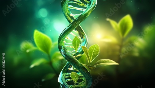 glowing dna double helix structure with green plant growth biotechnology and genetic engineering concept futuristic science of nature fusion molecular innovation in sustainable agriculture and ecol