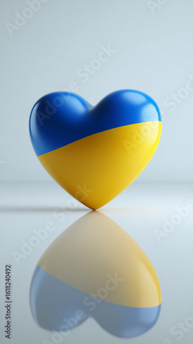 A 3D heart with Ukrainian flag colors, standing on a reflective floor, isolated on a pure white background.