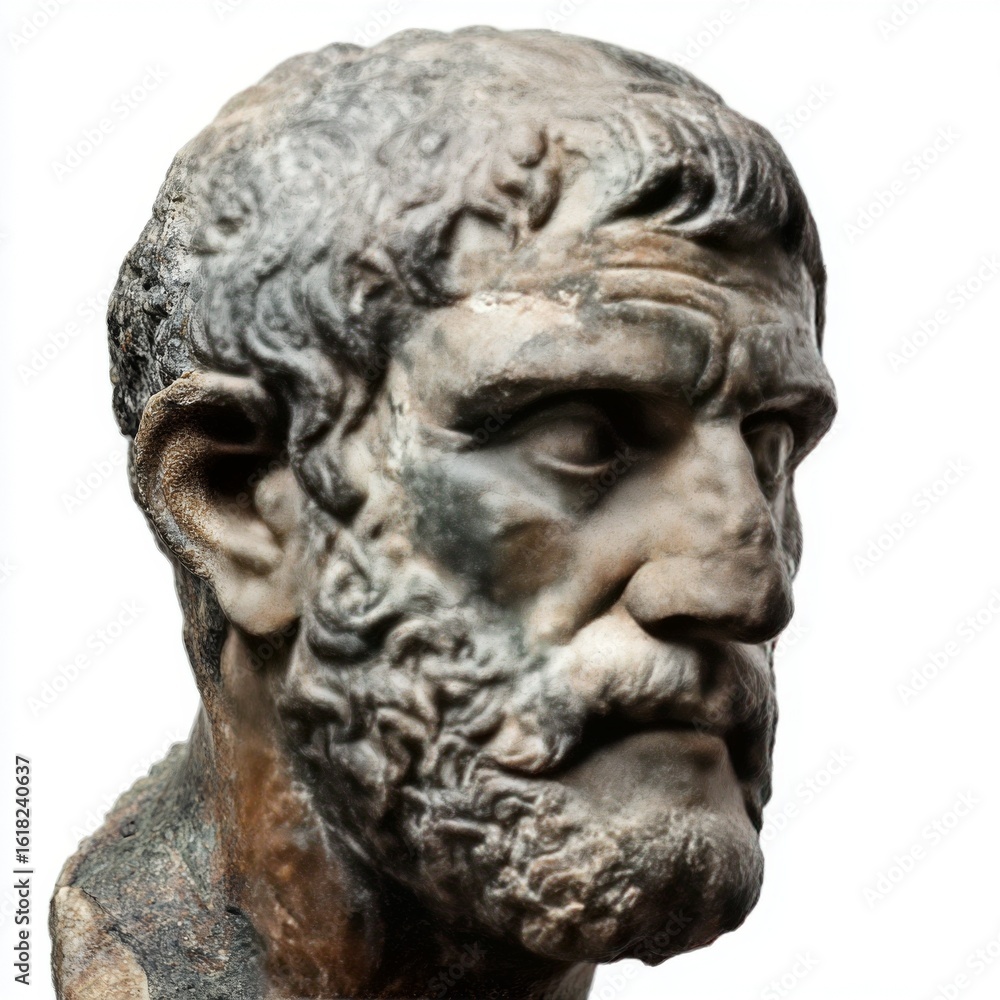 Obraz premium Ancient marble bust of bearded philosopher with intense expression on white.