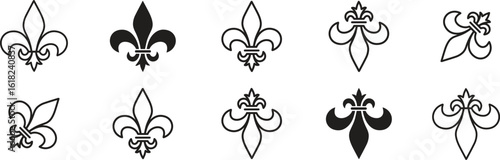 Fleur-de-lis. Set of black silhouettes of lily flowers. Vector illustration