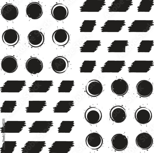 Mega bundle of different ink brush strokes:rectangle,square and round freehand drawings.Ink splatters,grungy painted lines,artistic design elements:waves,circles,triangles.Vector paintbrush