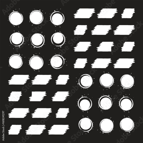 Mega bundle of different ink brush strokes:rectangle,square and round freehand drawings.Ink splatters,grungy painted lines,artistic design elements:waves,circles,triangles.Vector paintbrush