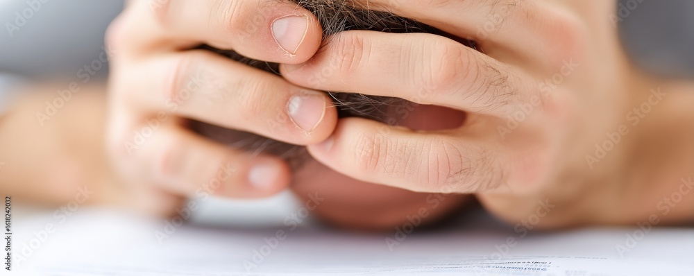 Fototapeta premium financial trouble unemployment stress concept. Person with hands on head, expressing stress or anxiety.