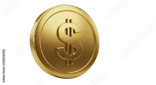 Golden dollar coin with 3D metallic texture, shiny gold currency symbol for financial concepts, realistic money icon for banking and investment isolated PNG with Transparent Background