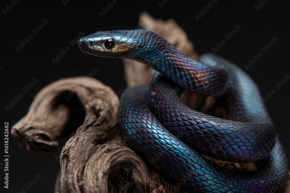 Obraz premium Iridescent black snake coiled on a textured wooden branch