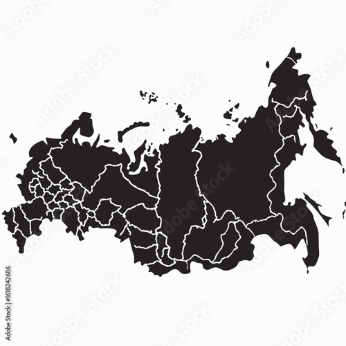 A black silhouette map of Russia with white borders dividing its federal subjects.