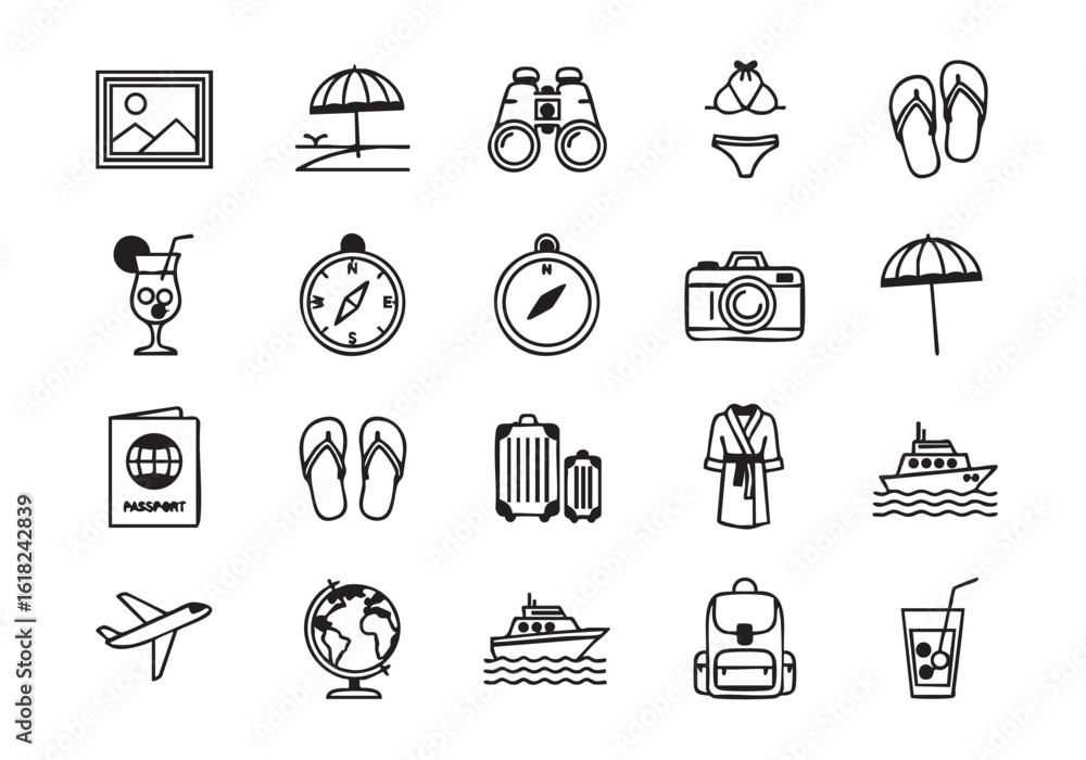 Naklejka premium Black and white travel icon set featuring summer vacation and transportation elements ideal for creative designs