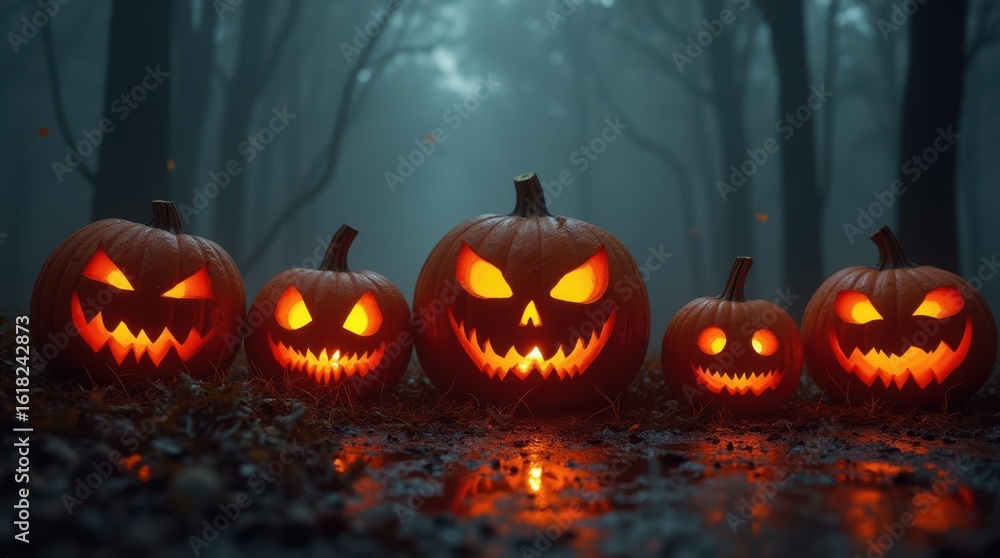 Naklejka premium Halloween illustration of five glowing jack-o'-lanterns in a foggy