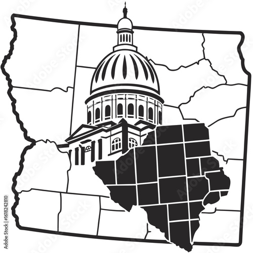 A black and white graphic of the Iowa state outline with the capitol building and a highlighted southeastern region.