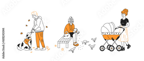 Three individuals enjoy a day in the park Two are interacting with pets and nature, while a woman walks with a stroller. The minimalist style uses black and orange tones.