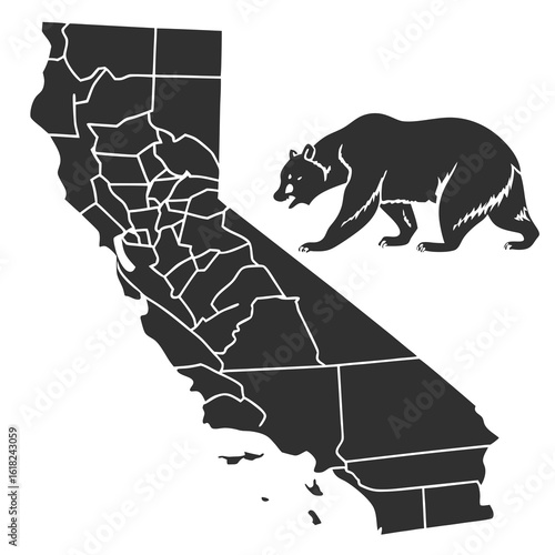 A black and white graphic showing the map of California with its county borders next to a silhouette of a grizzly bear.