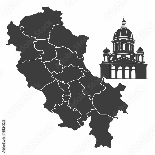 Silhouette map of a region with internal divisions, alongside a detailed architectural drawing of a grand domed building with multiple towers.