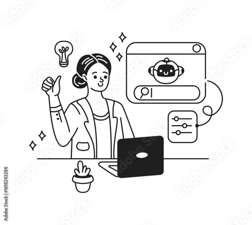 Black and white illustration showing a woman interacting with an AI chatbot. Her expression is positive, symbolizing successful technology use. Simple and modern design.
