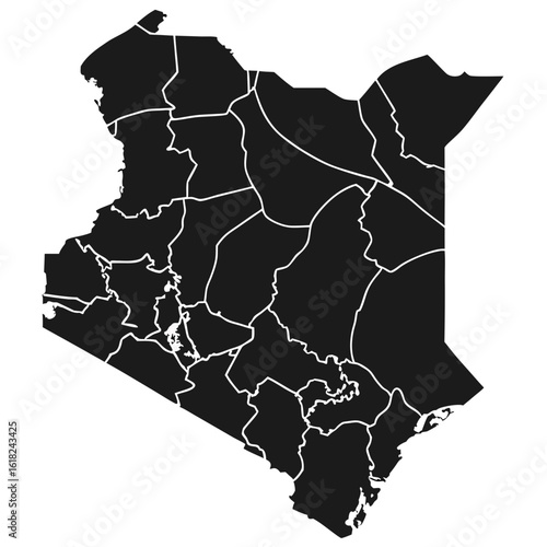 A political map of Kenya in black, illustrating the administrative boundaries of its counties with white lines.