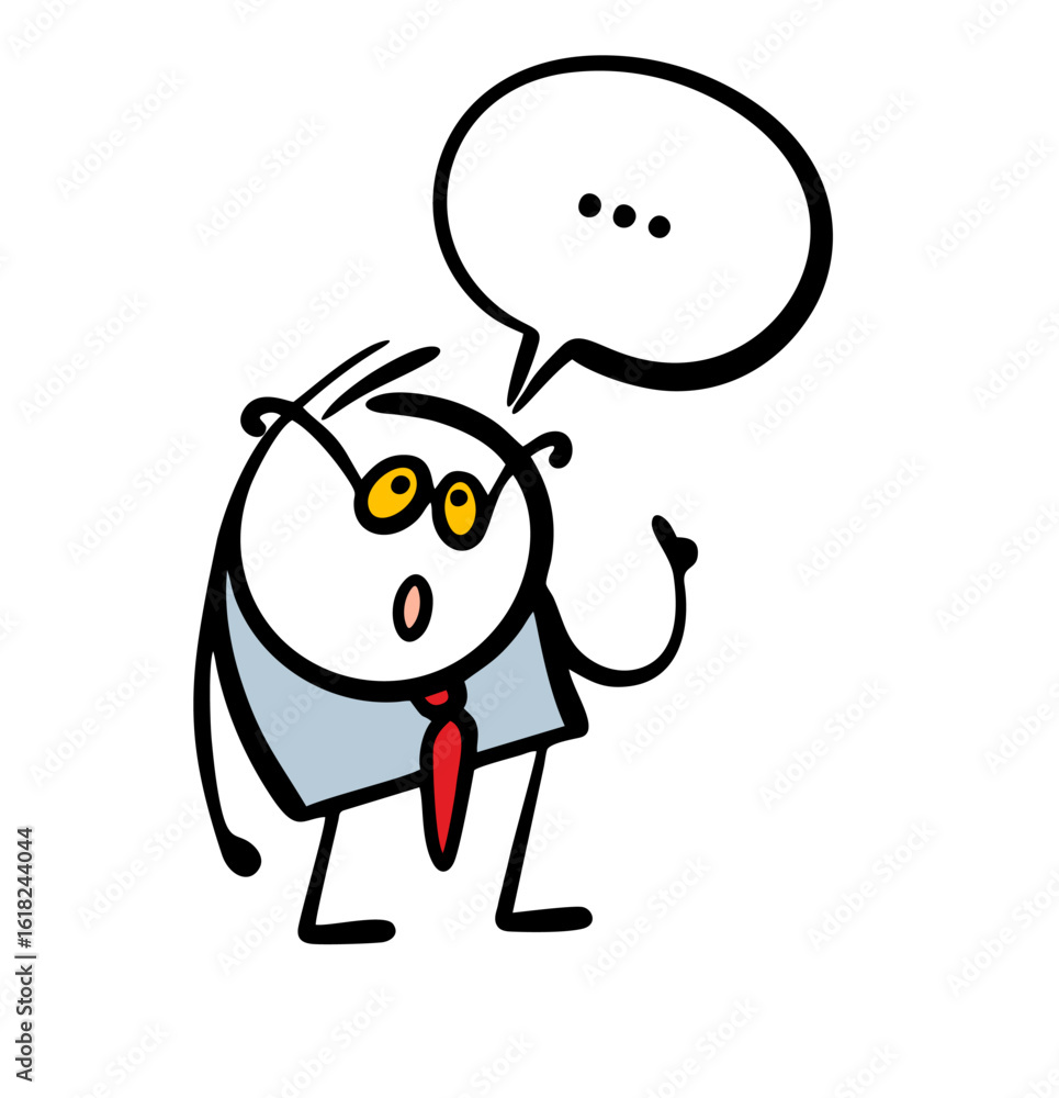 Obraz premium Cartoon smart, bespectacled, unpleasant-looking man holds up his finger and says boring things. Vector illustration of stickman warns, teaches and condemns. Nasty man in a business suit, boss.