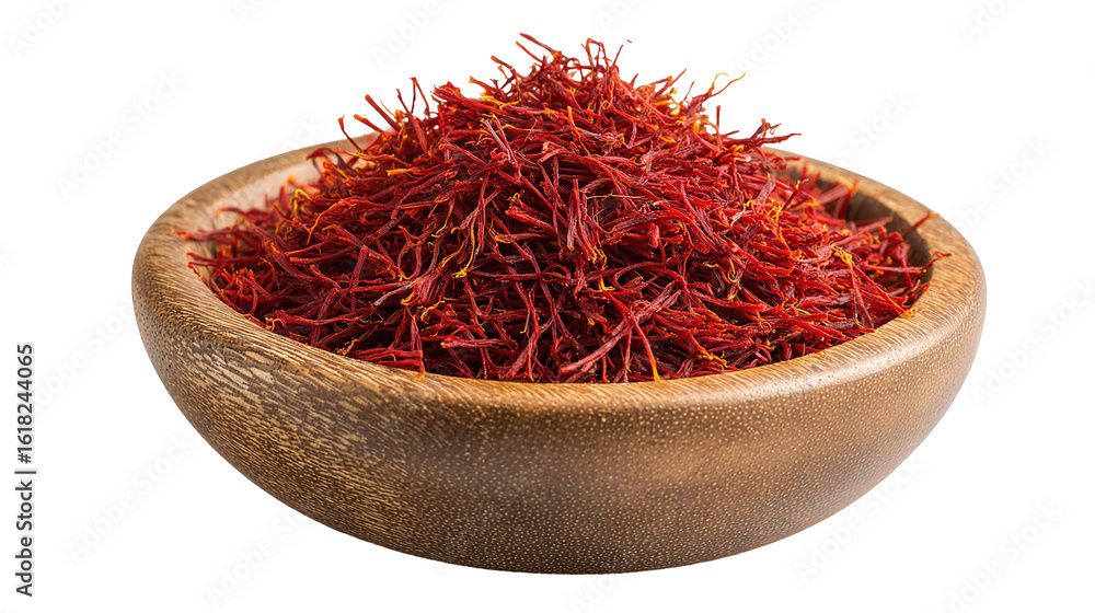 Fototapeta premium Aromatic Saffron Strands in Wooden Dish – Luxurious Culinary Ingredient