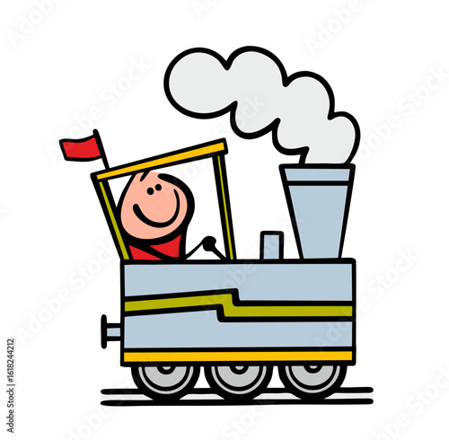 Funny cheerful train driver rides a steam locomotive with a pipe and smoke on the railway. Vector illustration of a toy for children, an antique transport and a cartoon passenger.
