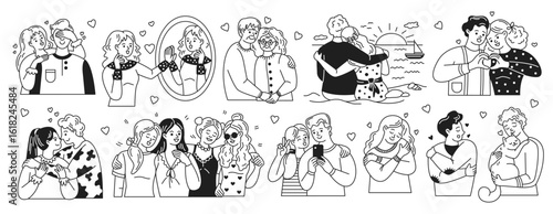 Charming line art depicting various couples in affectionate poses. Each scene showcases love and joy, capturing moments like hugs, selfies, and shared smiles.