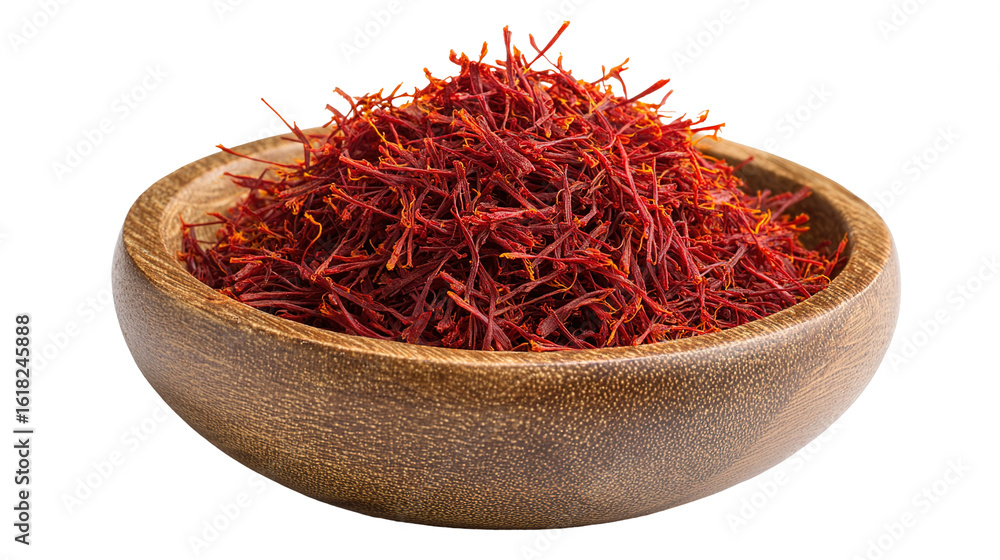 Fototapeta premium Aromatic Saffron Strands in Wooden Dish – Luxurious Culinary Ingredient