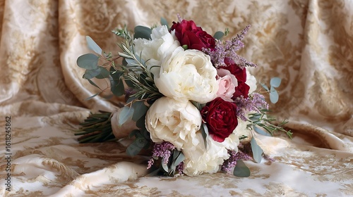 A soft and romantic arrangement of white peonies, deep red roses, and delicate lavender sprigs, highlighted with sprigs of rosemary and eucalyptus.