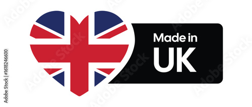 Made in UK Logo with Heart-Shaped Union Jack – Country of Origin Label for British Manufacturing, Transparent Badge for Packaging, Branding, Engineering, Export Goods, and Retail Visual Stock Assets