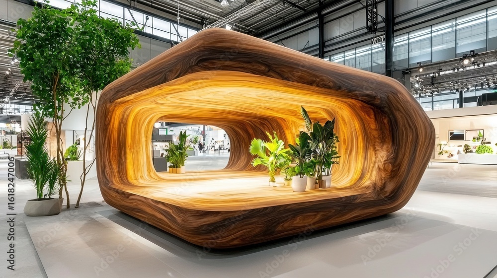 Fototapeta premium Modern Organic Wooden Pavilion with Interior Plants and Warm Lighting