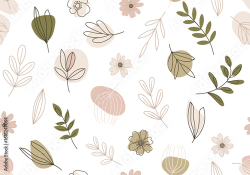 Seamless pattern with hand-drawn abstract floral elements, curved leaves, and soft branches in minimal vector style with beige, dusty pink, and olive on white for modern textiles and packaging 