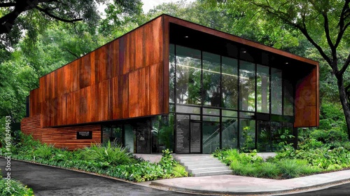 Modern Rust Colored Building Amidst Lush Greenery