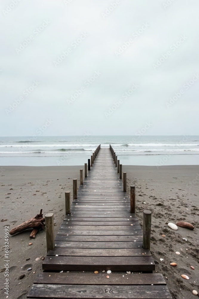 Obraz premium Serene Coastal Wooden Pathway Leading to the Ocean on a Cloudy Day