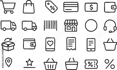 Vector Shopping and E-Commerce Icons in Clean Line Art Style Featuring Shopping Cart, Wallet, Credit Card, Delivery Trucks, and More