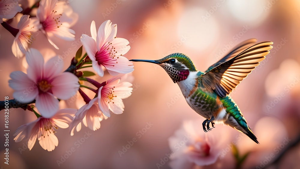 Hummingbird Feeding on Pink Blossoms Hummingbird Feeding on Pink Blossoms