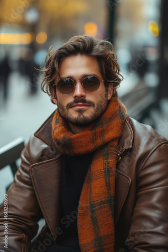 Man in brown leather jacket and scarf.