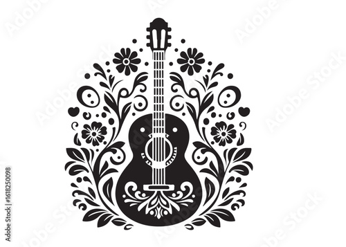 guitar with floral ornament logo silhouette vector, guitar silhouette vector with floral patterns, acoustic guitar silhouette with floral ornament logo vector silhouette on white background