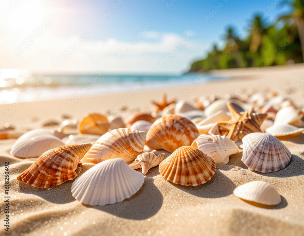 Seashells are scattered across a sunlit sandy beach, capturing the essence of a perfect tropical day by the ocean. Seashells are scattered across a sunlit sandy beach, capturing the essence of a perfect tropical day by the ocean.