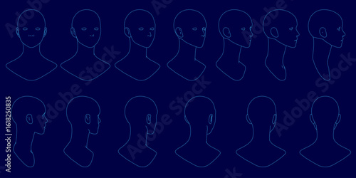 Silhouettes of a man's head on a blue background demonstrate step-by-step drawing techniques. The contour lines highlight facial proportions and structure.