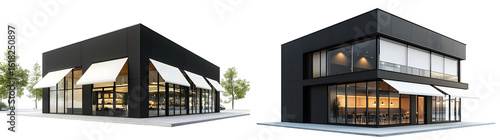 Modern black commercial building with large windows and white awnings ideal for retail restaurant or office space isolated on a transparent background