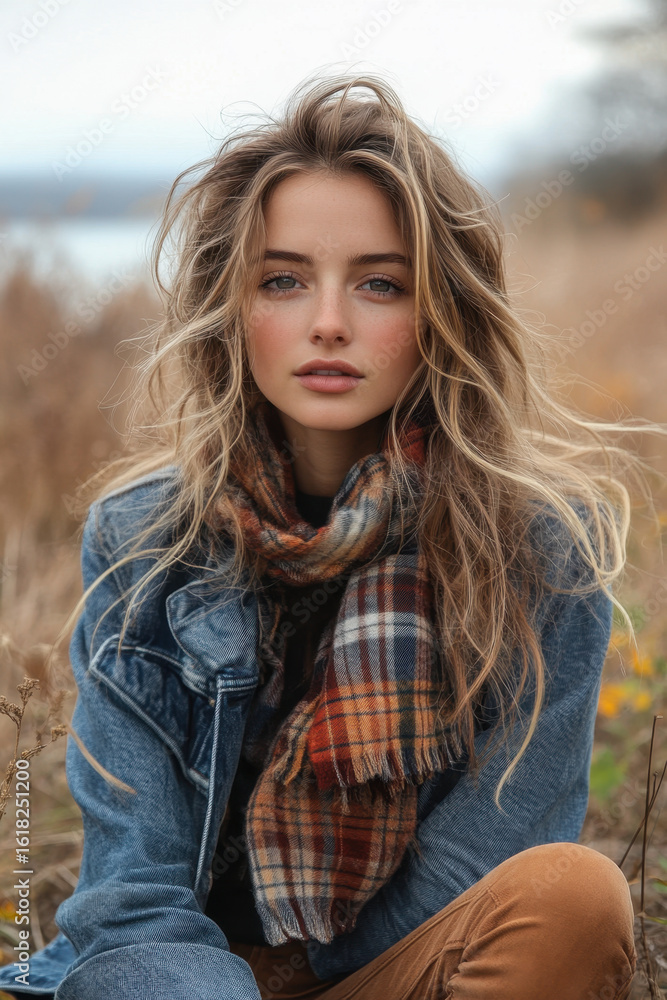 Fototapeta premium Woman with long hair sitting in field.