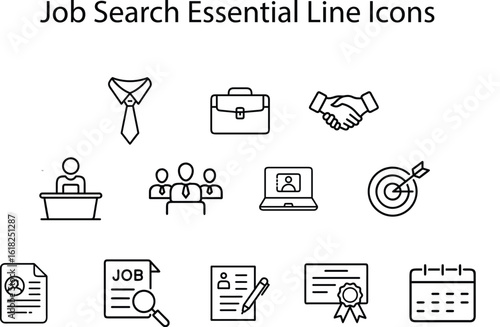 A versatile collection of professional icons designed to represent various aspects of job searching, career advancement, and recruitment processes.