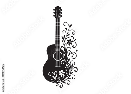 guitar with floral ornament logo silhouette vector, guitar silhouette vector with floral patterns, acoustic guitar silhouette with floral ornament logo vector silhouette on white background