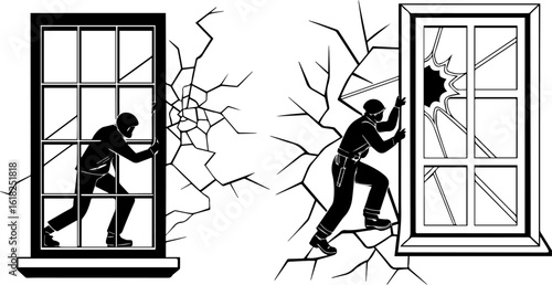 Burglar Intruder Breaking Into Window with Cracks Black and White Illustration