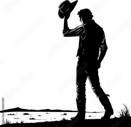 Cowboy Tipping Hat in Open Landscape Silhouette Black and White Illustration