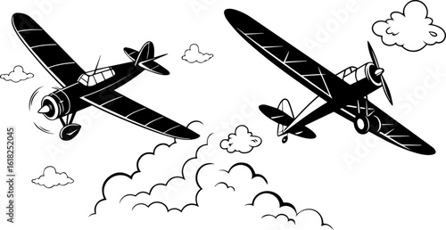 Vintage Propeller Airplanes Flying Through Clouds Black and White Illustration