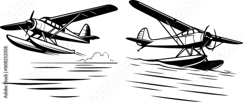 Vintage Floatplane Seaplane Taking Off and Landing Black and White Illustration