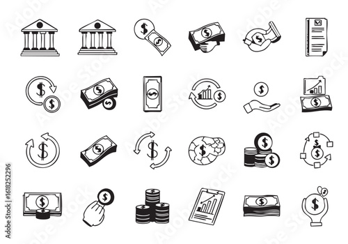 Black and white illustration of financial and banking icons symbolizing economy investments and savings in a clean modern design