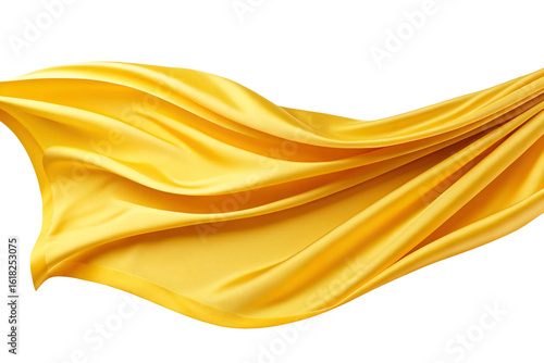 A photograph of yellow cloth fluttering in the wind. Three-dimensional. Glossy. Dynamic.